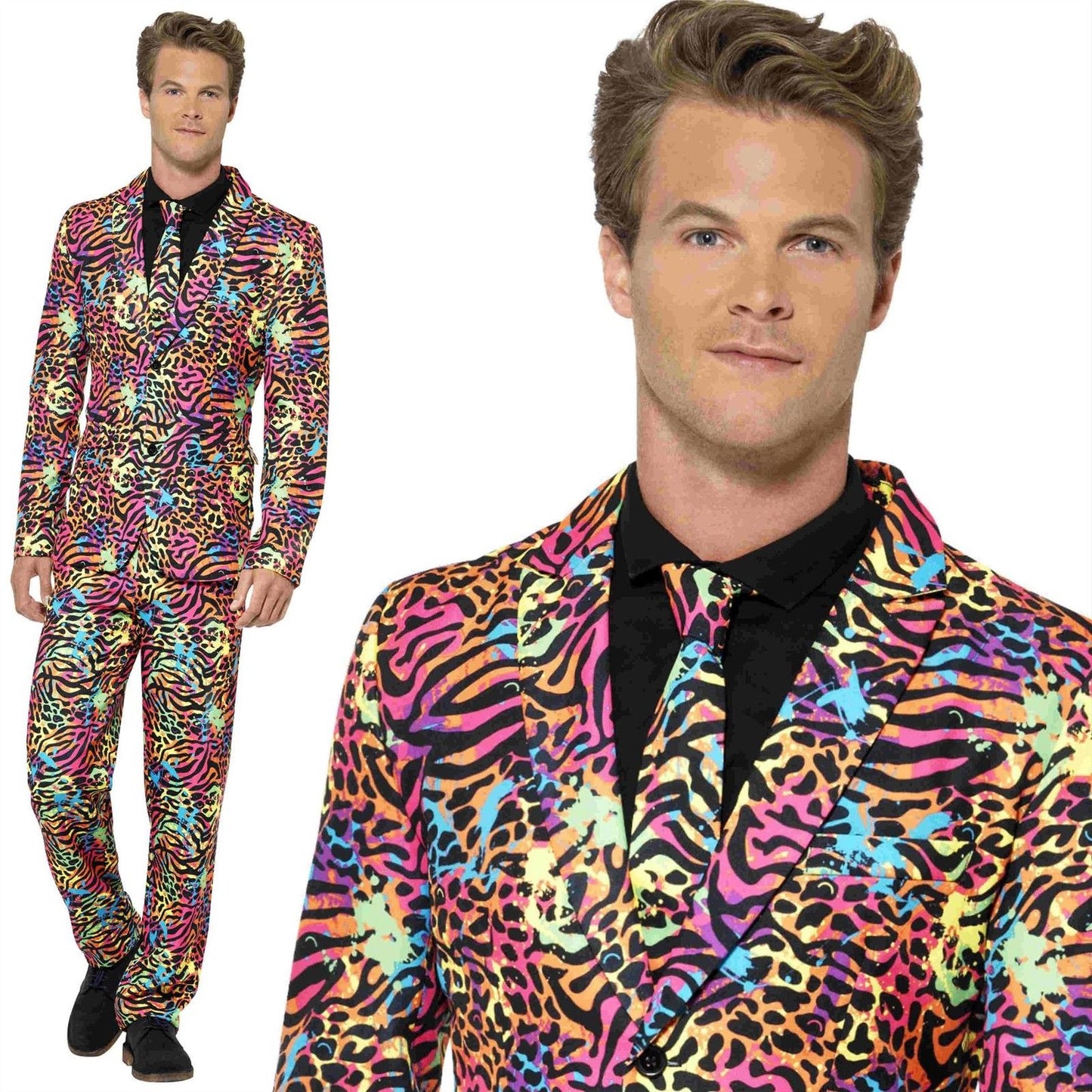 Mens Stand Out Suit Neon Animal Print Stag Do Party Costume Fancy Dress Outfit
