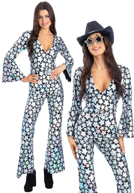 Star Gazer Diva Costume Holographic Iridescent Ladies 70s Catsuit Fancy Dress