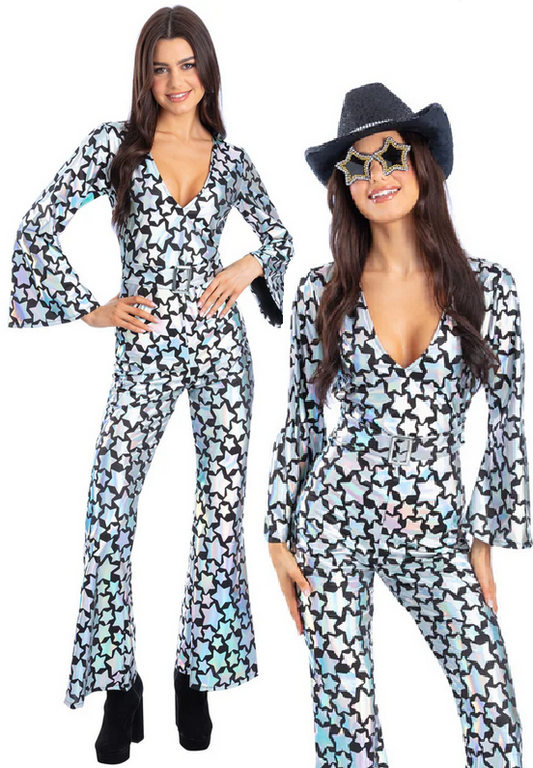 Star Gazer Diva Costume Holographic Iridescent Ladies 70s Catsuit Fancy Dress