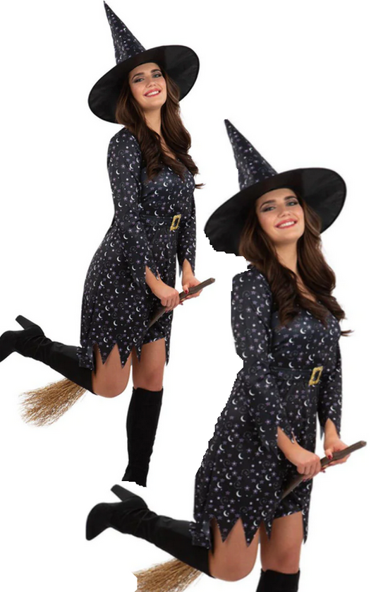 Moon & Stars Witch + Hat Witches Fancy Dress Costume Halloween Adults UK 4-18