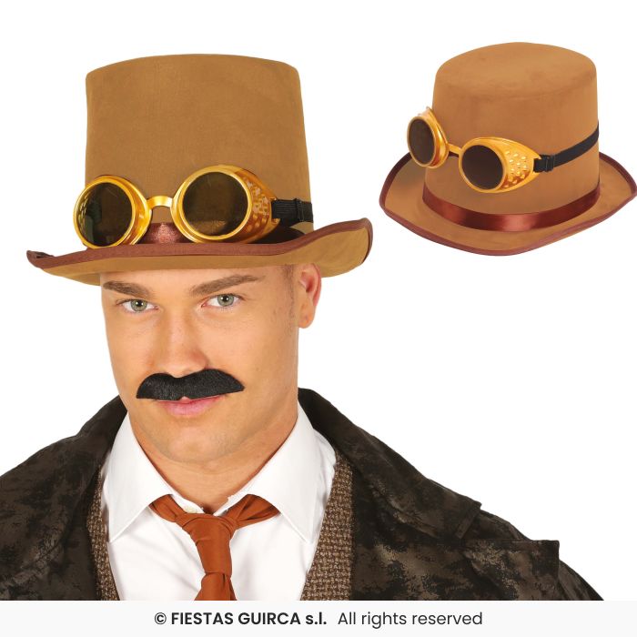 Steampunk Hat With Glasses Mens Light Brown Fancy Dress Accessory