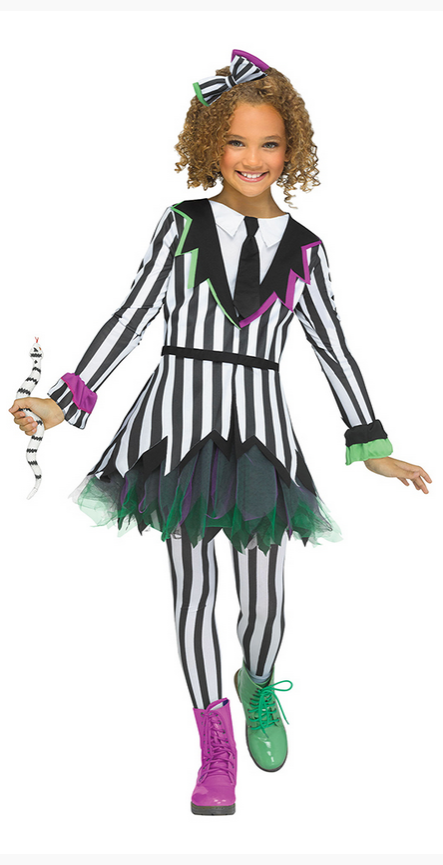 Giddy Ghostie Girls Black & White Pinstripe Dress Halloween Fancy Dress Costume