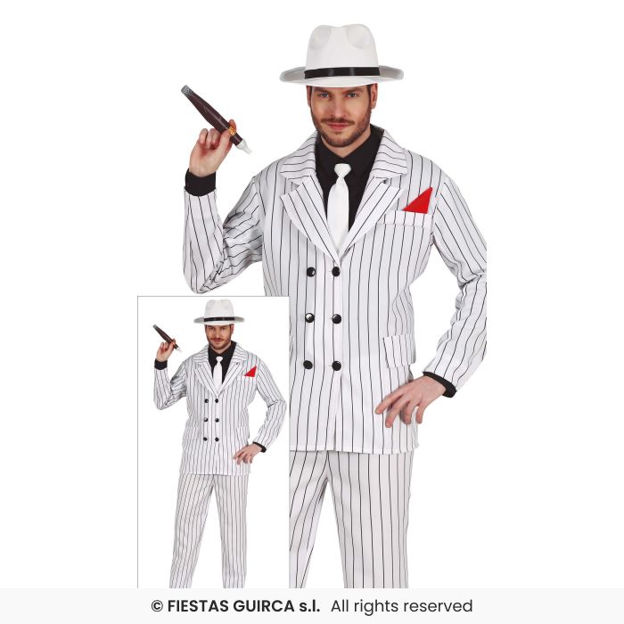 Mens Gangster Costume 1920s White Pin Stripe Suit Adults Mafia Fancy Dress M-XL