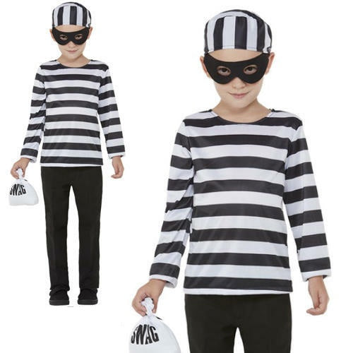 Bank Robber Burglar Kids Black White Striped Set Fancy Dress Costume Age 10-12