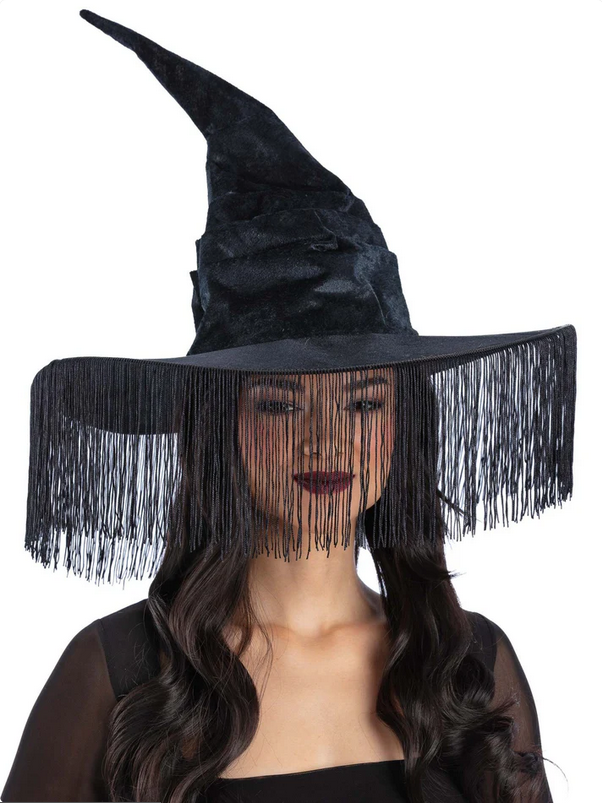 Witches Hat Ladies Black Fringe Western Witch Hat Halloween Fancy Dress