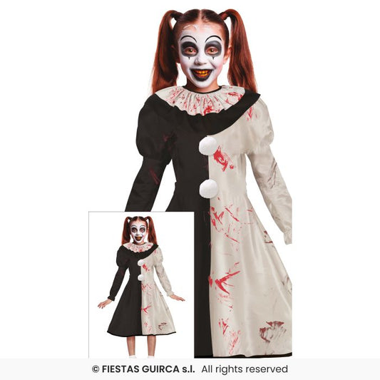 Terror Clown Girls Black & White Halloween Fancy Dress Costume Circus Clown Age 3-12