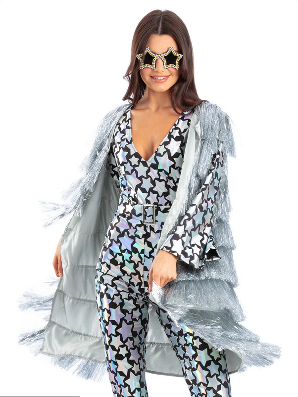 Fever Tinsel Festival Waistcoat Silver Ladies 60s 70s Retro Disco Fancy Dress Costume
