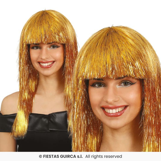 Tinsel Wig Ladies Long Gold Tinsel Fancy Dress Wig Adults Accessory