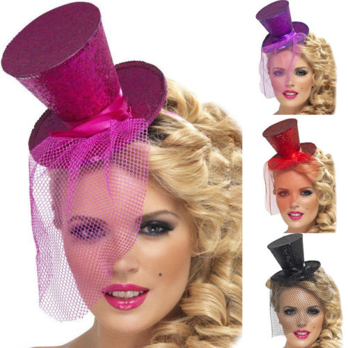 Glitter Show Girl Top Hat Mini Fascinator Burlesque Adults Fancy Dress
