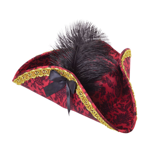 Ladies Red Pirate Feather Bow Tricorn Hat Fancy Dress Costume Accessory Pirates