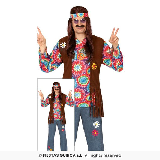 Mens Tie Dye Hippie Costume Retro 60s 70s Hippy Adults Fancy Dress Outfit Peace M-XL