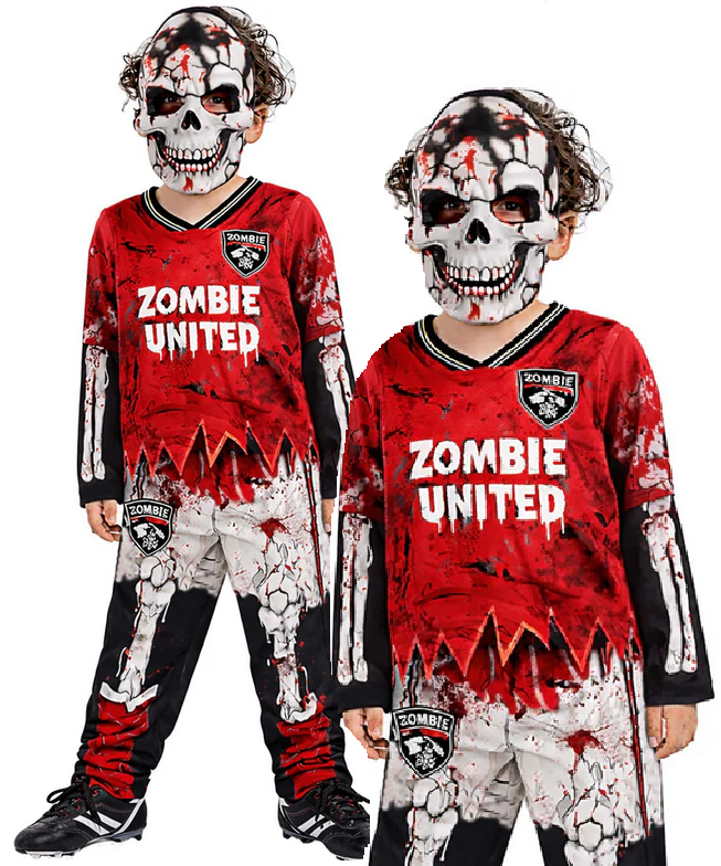 Zombie Utd Footballer Skeleton Costume Kids Halloween Fancy Dress Outfit Age 4-12