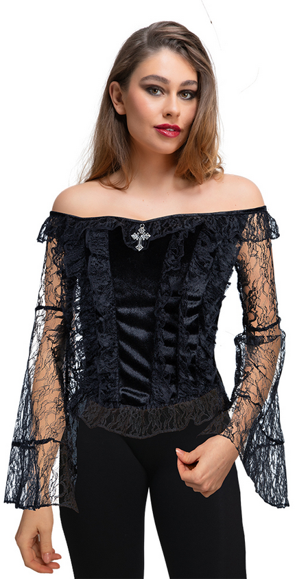 Velvet & Lace Vampire Top Ladies Halloween Fancy Dress Accessory Black Adults