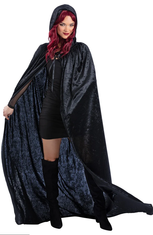 Velour Black Cape Adults Halloween Hooded Robe Fancy Dress Mens Ladies