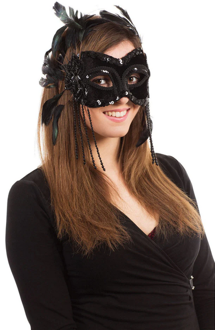 Black Velvet Mask With Feathers Opera Masquerade Eyemask Ladies Fancy Dress
