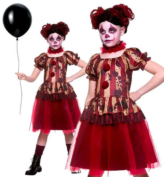 Vintage Circus Clown Girls Pennywise IT Kids Halloween Clown Fancy Dress Outfit