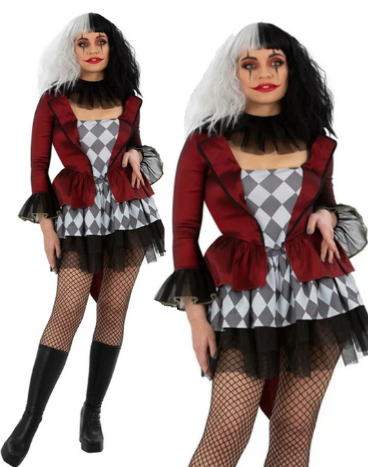Ladies Evil Jester Costume Adults Halloween Fancy Dress Scary Clown Burlesque