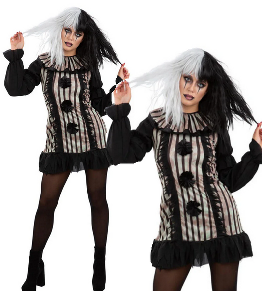 Dark Vintage Clown Ladies Halloween Fancy Dress Costume UK 8-18
