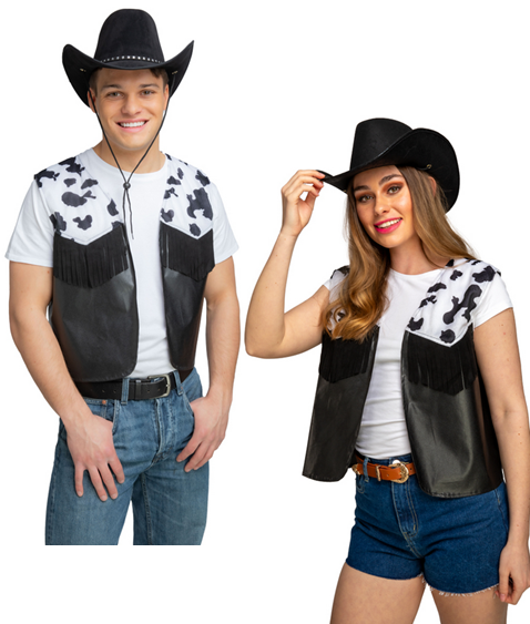 Cowboy Cowgirl Waistcoat Black Cow Print Rodeo Wild West Western Fancy Dress Accessory