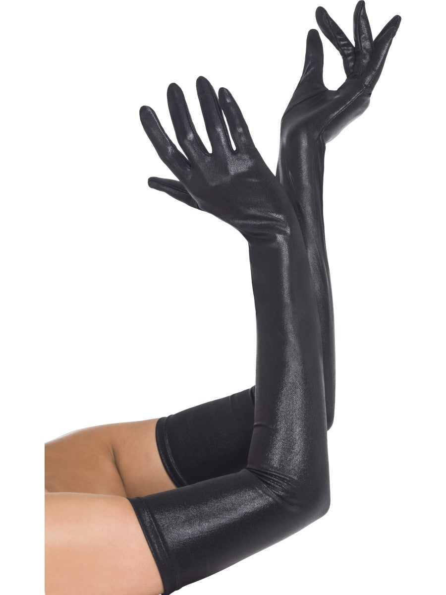 Black Wet Look Long Gloves