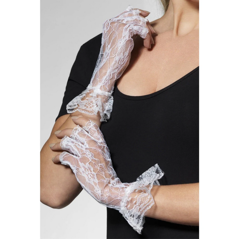 White Fingerless Lace Gloves Ladies 80s Fancy Dress Accessory