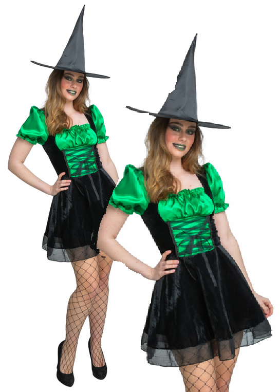 Emerald Witch Costume Ladies Halloween Green Witches Fancy Dress Outfit UK 6-24 + Hat