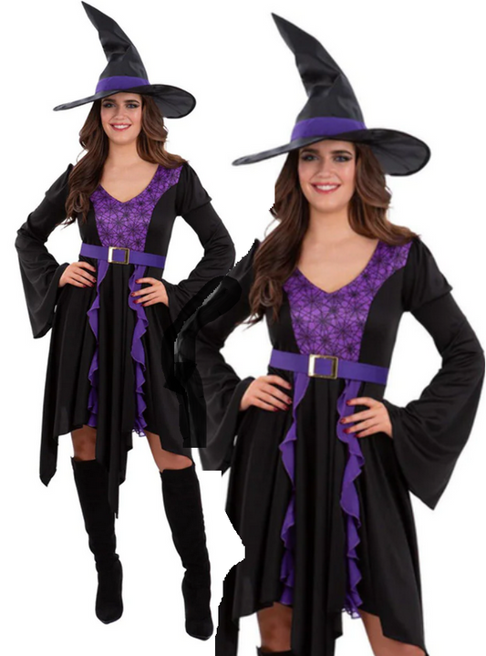 Witches Costume Ladies Halloween Witch Outfit Fancy Dress Satanic UK 8-18