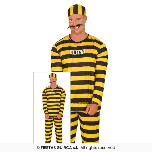 Black & Yellow Striped Convict Overalls Mens Prisoner Fancy Dress Costume M-XL