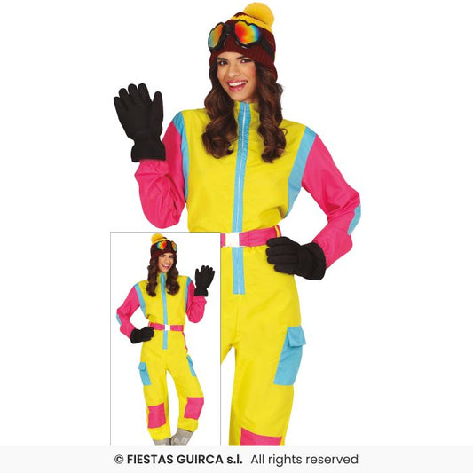 Ladies Yellow Neon Retro Skier Costume 1980s Fancy Dress Outfit Ski Instructor M-XL