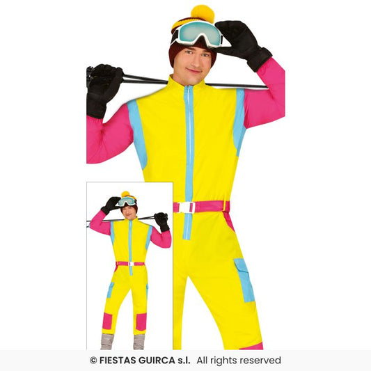 Mens Yellow Retro Skier Costume 1980s Fancy Dress Outfit Ski Instructor M-XL
