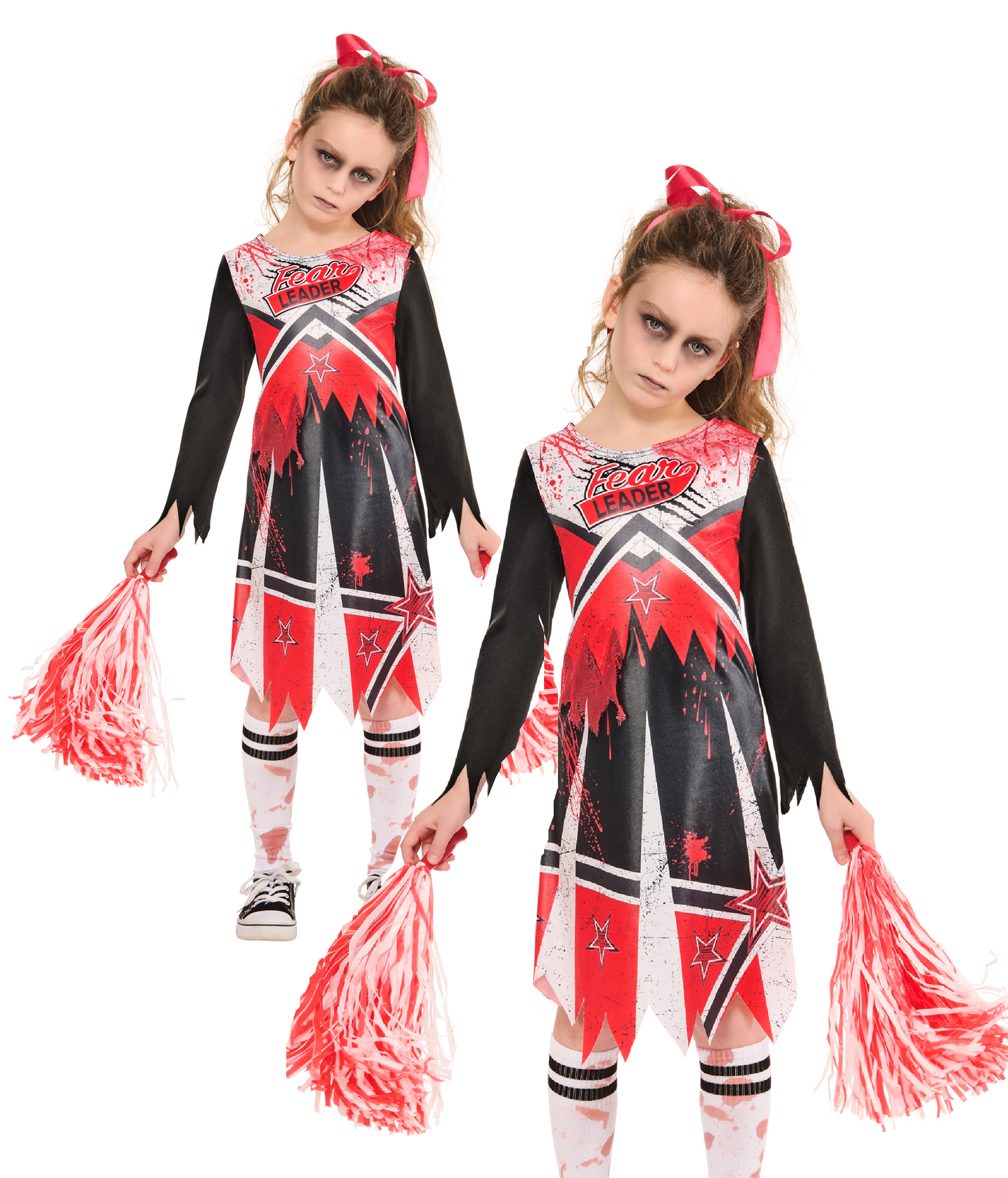 Zombie Cheerleader Kids Halloween Fancy Dress Costume + Pom Poms