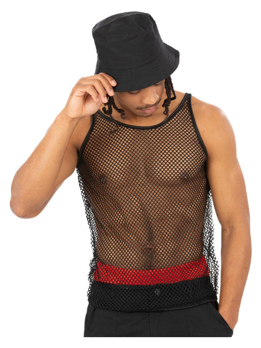 Black Vest Unisex String Vest 1990s Retro Disco Fancy Dress Accessory Fishnet Top