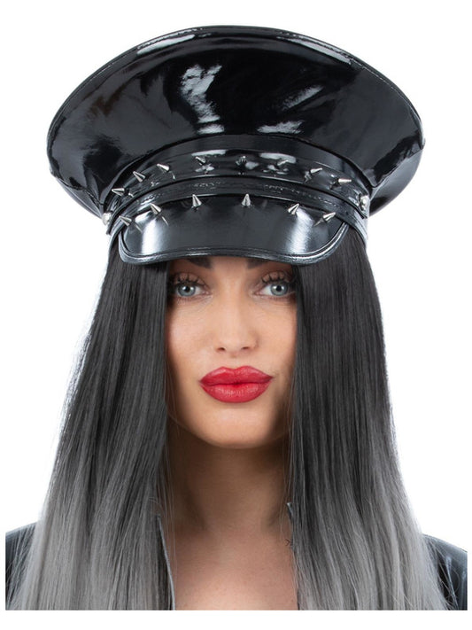 Black PVC Biker Hat Adults Fancy Dress Sexy Punk Rocker 90s Cop Hat