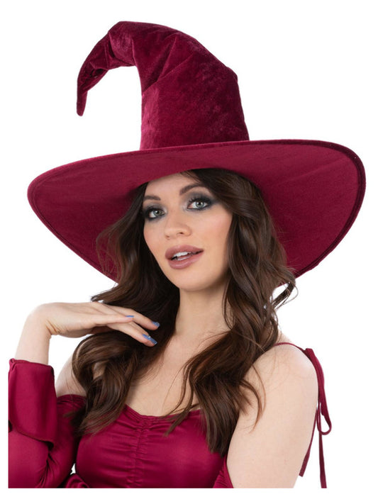 Burgundy Velour Witch Hat Ladies Halloween Witches Hat Fancy Dress Accessory