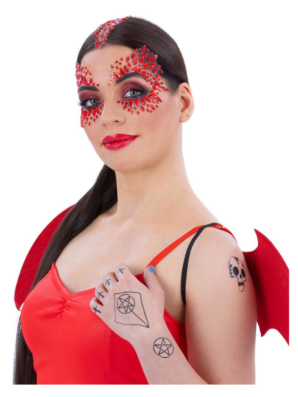 Devil Set Make Up Satanic Face Body Tattoos Adults Halloween Fancy Dress Kit