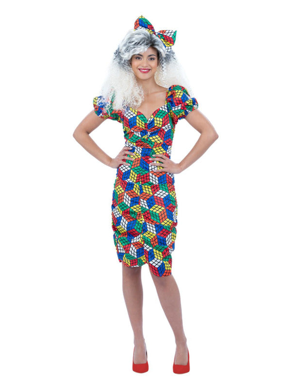 80s Rubiks Cube Dress Ladies 1980s Retro Games Fancy Dress Outfit UK 8-18