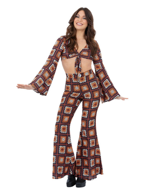 Ladies 60s Hippie Costume Adults Vintage Crochet Hippy Fancy Dress Outfit