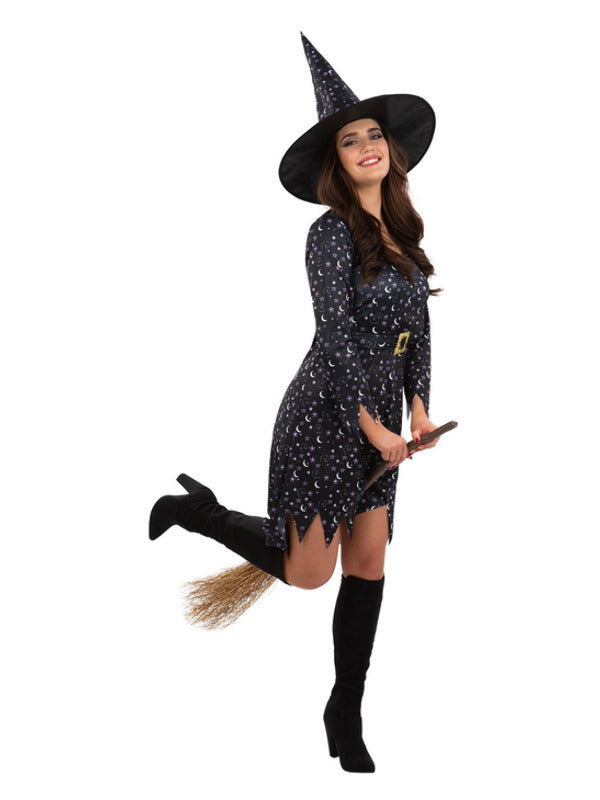 Moon & Stars Witch + Hat Witches Fancy Dress Costume Halloween Adults UK 4-18