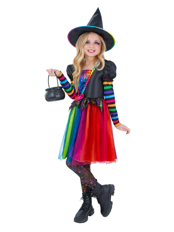 Girls Witch Costume Colourful Witches Halloween Fancy Dress Outfit Age 4-12
