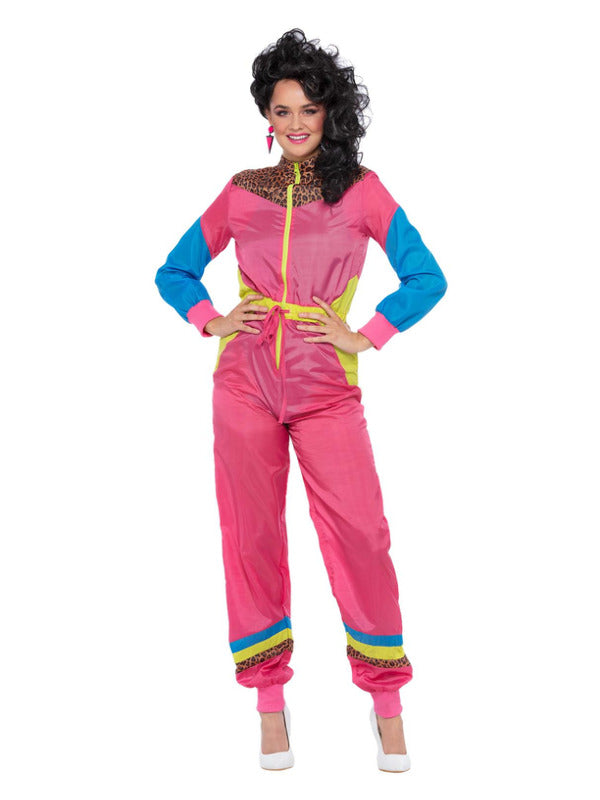 Ladies 80s Ski Suit Pink Neon Rewind Shellsuit Adulds Retro Fancy Dress Costume